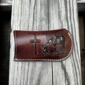 Coffee Brown Praying Cowboy Design Large Knife Sheath